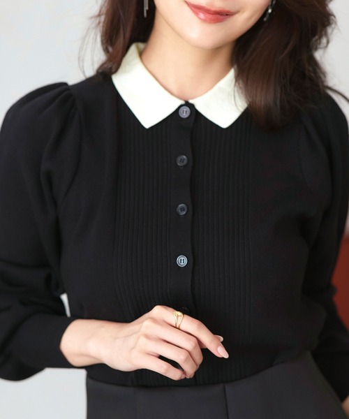 RUIRUE BOUTIQUE（ルイルエブティック）の「洗える ストレッチ ｜ 衿つき パフ ニット カーデ ｜ レディース ニットトップス オフィスカジュアル カーディガン トップス リブニット 長袖 セーター（カーディガン/ボレロ・レディース・ネイビー/ブラック×ホワイト/ブラック/グレー・L/M）」の18枚目の写真