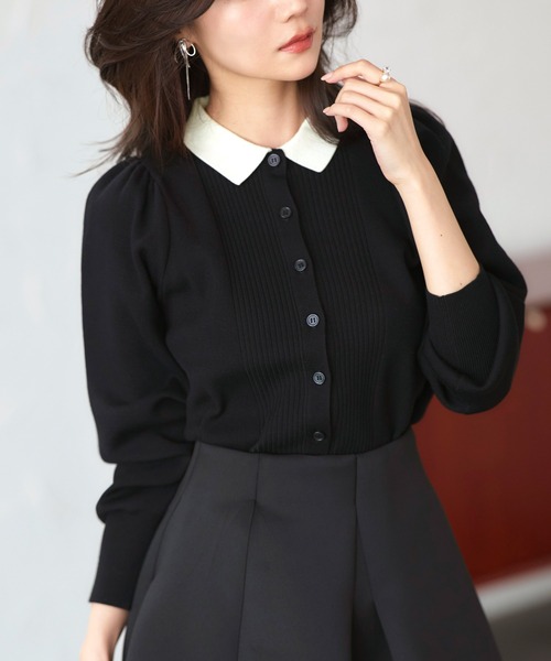 RUIRUE BOUTIQUE（ルイルエブティック）の「洗える ストレッチ ｜ 衿つき パフ ニット カーデ ｜ レディース ニットトップス オフィスカジュアル カーディガン トップス リブニット 長袖 セーター（カーディガン/ボレロ・レディース・ネイビー/ブラック×ホワイト/ブラック/グレー・L/M）」の19枚目の写真