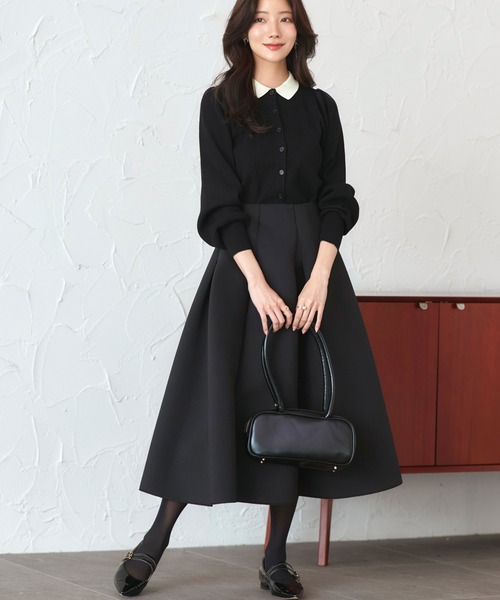 RUIRUE BOUTIQUE（ルイルエブティック）の「洗える ストレッチ ｜ 衿つき パフ ニット カーデ ｜ レディース ニットトップス オフィスカジュアル カーディガン トップス リブニット 長袖 セーター（カーディガン/ボレロ・レディース・ネイビー/ブラック×ホワイト/ブラック/グレー・L/M）」の20枚目の写真