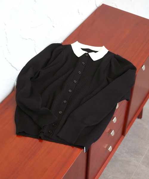 RUIRUE BOUTIQUE（ルイルエブティック）の「洗える ストレッチ ｜ 衿つき パフ ニット カーデ ｜ レディース ニットトップス オフィスカジュアル カーディガン トップス リブニット 長袖 セーター（カーディガン/ボレロ・レディース・ネイビー/ブラック×ホワイト/ブラック/グレー・L/M）」の5枚目の写真