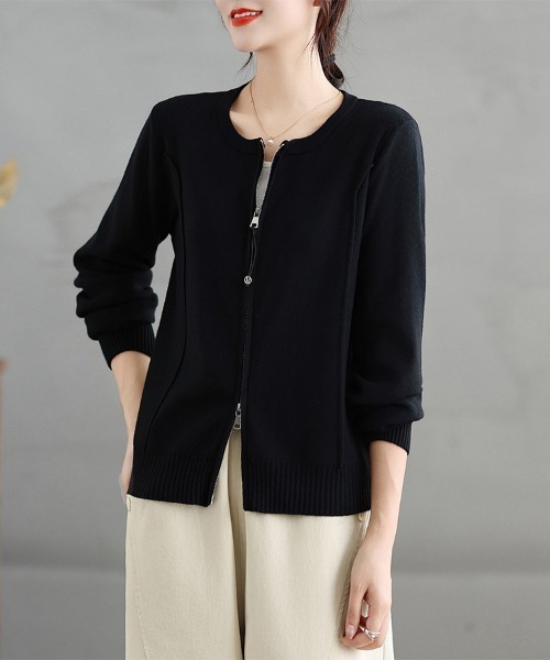ONEP STAR(ワンピスター)の「ダブルジップラウンドネックニットカーディガン(カーディガン/ボレロ・レディース・ダークグレー/ブラック・FREE)」の2枚目の写真