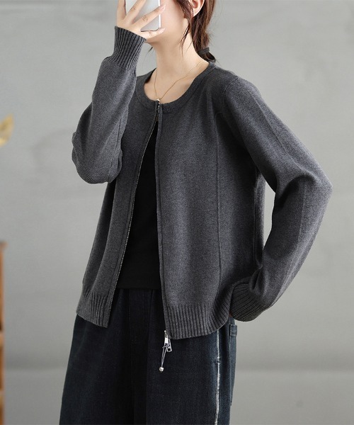 ONEP STAR(ワンピスター)の「ダブルジップラウンドネックニットカーディガン(カーディガン/ボレロ・レディース・ダークグレー/ブラック・FREE)」の17枚目の写真