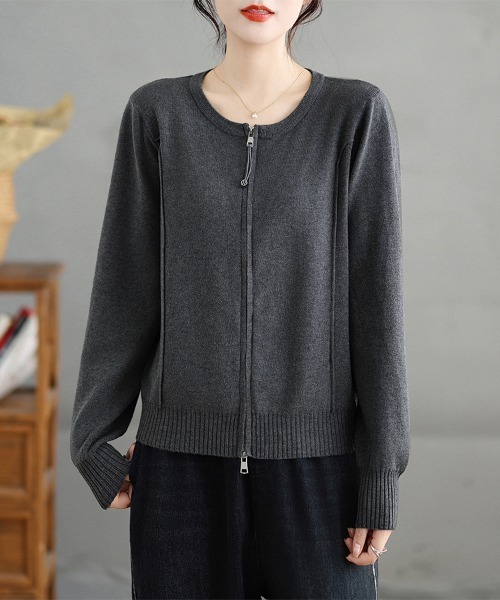 ONEP STAR(ワンピスター)の「ダブルジップラウンドネックニットカーディガン(カーディガン/ボレロ・レディース・ダークグレー/ブラック・FREE)」の11枚目の写真