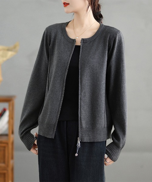 ONEP STAR(ワンピスター)の「ダブルジップラウンドネックニットカーディガン(カーディガン/ボレロ・レディース・ダークグレー/ブラック・FREE)」の7枚目の写真