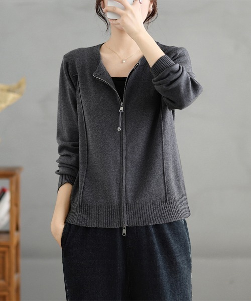 ONEP STAR(ワンピスター)の「ダブルジップラウンドネックニットカーディガン(カーディガン/ボレロ・レディース・ダークグレー/ブラック・FREE)」の14枚目の写真