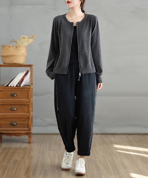 ONEP STAR(ワンピスター)の「ダブルジップラウンドネックニットカーディガン(カーディガン/ボレロ・レディース・ダークグレー/ブラック・FREE)」の6枚目の写真