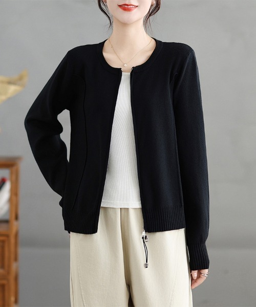 ONEP STAR(ワンピスター)の「ダブルジップラウンドネックニットカーディガン(カーディガン/ボレロ・レディース・ダークグレー/ブラック・FREE)」の3枚目の写真