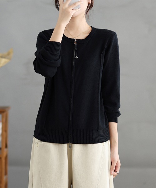 ONEP STAR(ワンピスター)の「ダブルジップラウンドネックニットカーディガン(カーディガン/ボレロ・レディース・ダークグレー/ブラック・FREE)」の16枚目の写真