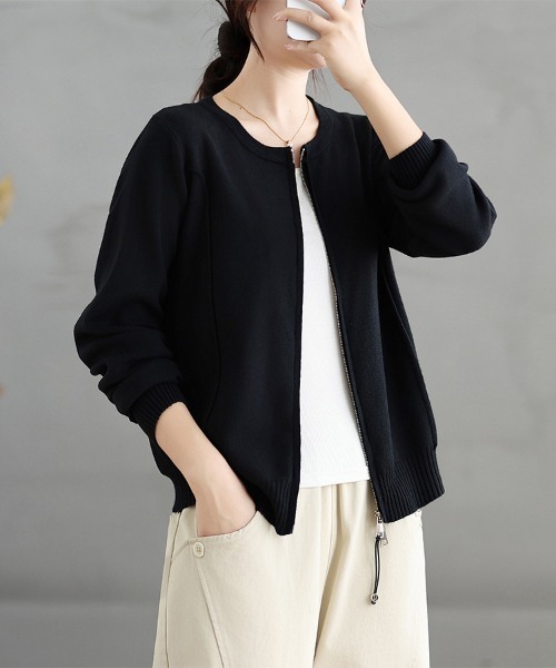 ONEP STAR(ワンピスター)の「ダブルジップラウンドネックニットカーディガン(カーディガン/ボレロ・レディース・ダークグレー/ブラック・FREE)」の12枚目の写真