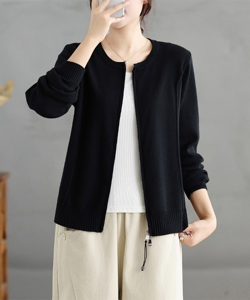ONEP STAR(ワンピスター)の「ダブルジップラウンドネックニットカーディガン(カーディガン/ボレロ・レディース・ダークグレー/ブラック・FREE)」の8枚目の写真