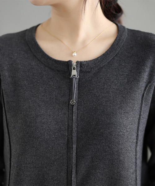 ONEP STAR(ワンピスター)の「ダブルジップラウンドネックニットカーディガン(カーディガン/ボレロ・レディース・ダークグレー/ブラック・FREE)」の5枚目の写真
