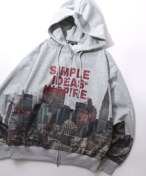 SITRY（シトリー）の「Patterned All Over Print Sweat Zip Hoodie/総柄プリント オーバーサイズ  ショート丈 ダブルジップ 裏起毛 スウェット フルジップパーカー フーディー パーカー スウェット レディース メンズ（パーカー・メンズ・ブラック系その他/グリーン系その他/ピンク系その他/グレー系その他・L/M）」の2枚目の写真
