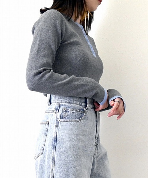 STYLEBLOCK（スタイルブロック）の「バイカラーニットヘンリーネックプルオーバー（ニット/セーター・レディース・ブラウン/グレー/アイボリー/ブラック・M）」の8枚目の写真