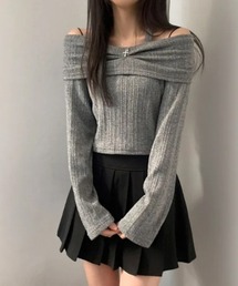 ホルターネック オフショルリブニットトップス