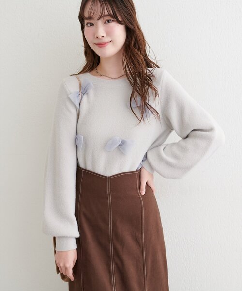 natural couture（ナチュラルクチュール）の「ランダムリボンニットプルオーバー（ニット/セーター・レディース・ライトグレー/チャコールグレー/アイボリー・FREE）」の8枚目の写真