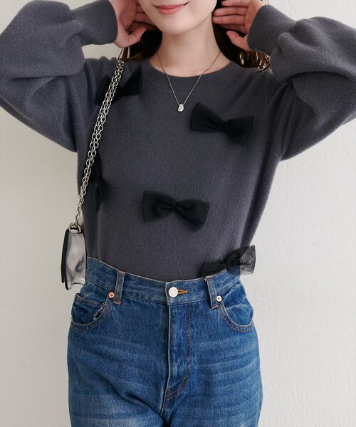 natural couture（ナチュラルクチュール）の「ランダムリボンニットプルオーバー（ニット/セーター・レディース・ライトグレー/チャコールグレー/アイボリー・FREE）」の11枚目の写真