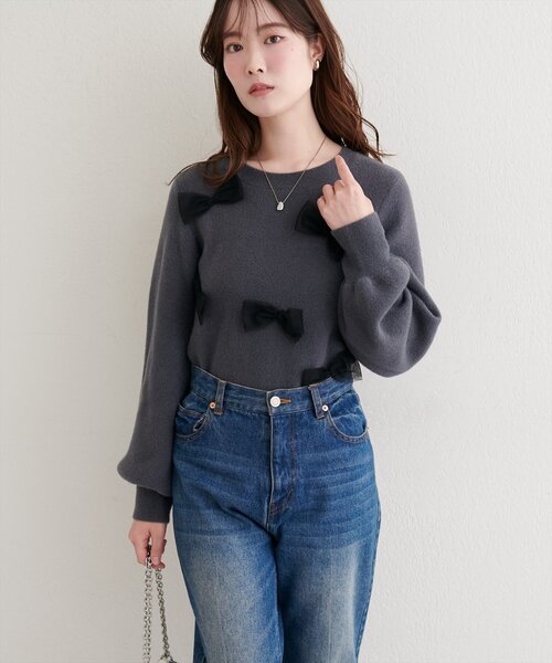 natural couture（ナチュラルクチュール）の「ランダムリボンニットプルオーバー（ニット/セーター・レディース・ライトグレー/チャコールグレー/アイボリー・FREE）」の13枚目の写真