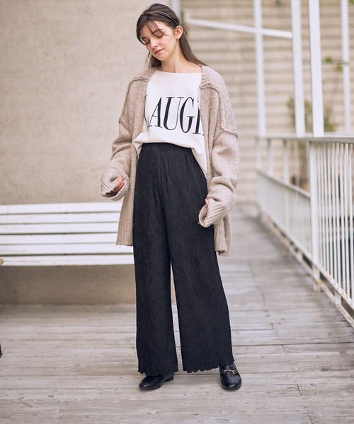 セール】ストライプジャガードワイドパンツ（マタニティ～産後）妊婦服