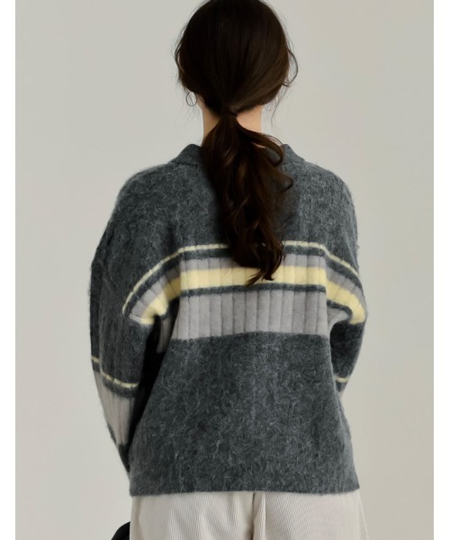 Re:EDIT(リエディ)の「ボーダー配色アルパカタッチポロカラーニットトップス(ニット/セーター・レディース・ブラウン/チャコール/アイボリー・LARGE/MEDIUM)」の14枚目の写真