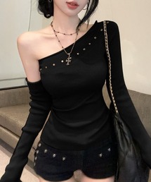 lilful（リルフル）の「【2点セット】アームカバー ワンショルダースタッズリブニットトップス（Tシャツ/カットソー）」