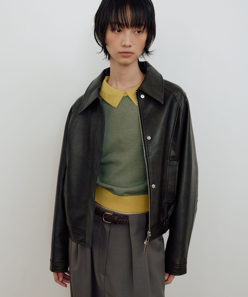レザープリーツボンバージャケット_ブラウン