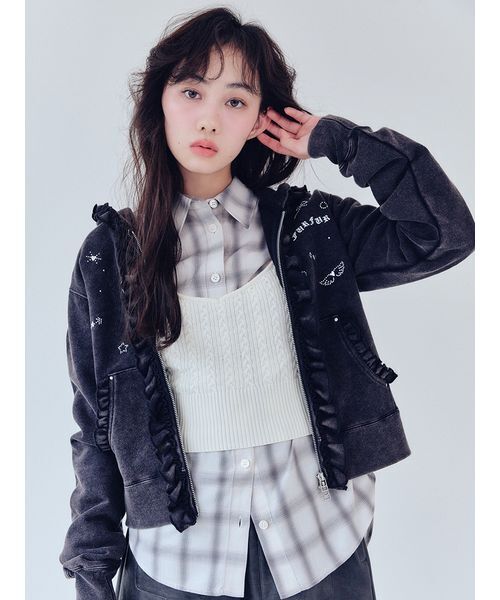 FURFUR（ファーファー）の「フリルジップアップフーディー（パーカー・レディース・グレー/チャコールグレー/ブルー・F）」の4枚目の写真