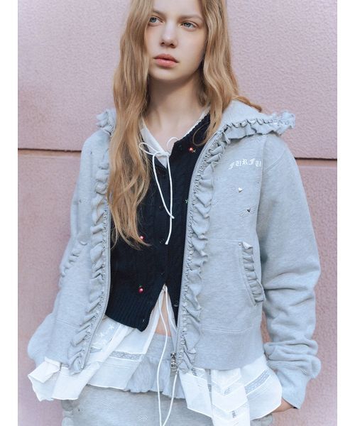 FURFUR（ファーファー）の「フリルジップアップフーディー（パーカー・レディース・グレー/チャコールグレー/ブルー・F）」の5枚目の写真