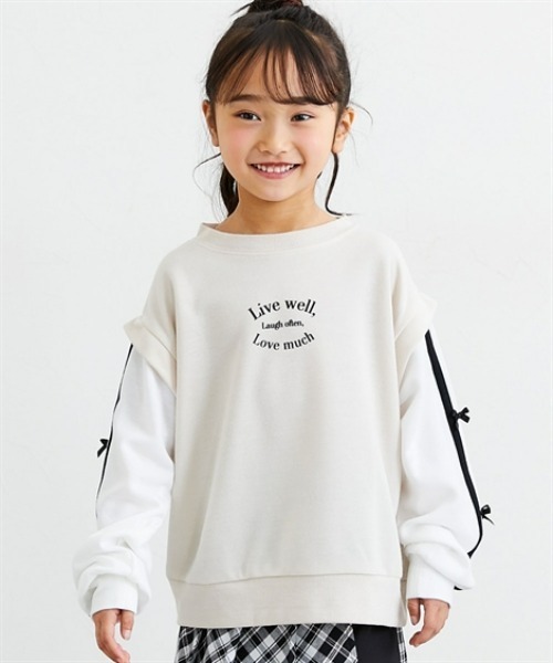 QUNTSTYLE(キュントスタイル)の「袖リボン使いフェイクレイヤードトレーナー(スウェット・キッズ・ブラック/ベージュ・110/120/130/140/150/160)」の1枚目の写真