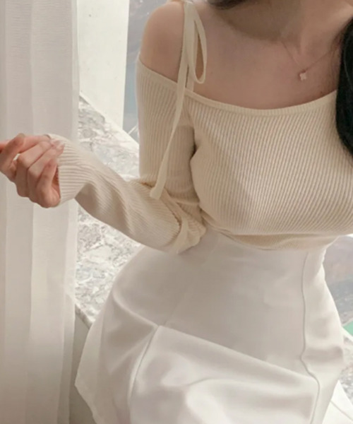 VIVID LADY(ビビッドレディー)の「ワンショルダー 肩紐 リブニットトップス(ニット/セーター・レディース・グレー/ネイビー/ベビーピンク/ライトブルー/オリーブ/アイボリー・FREE)」の12枚目の写真