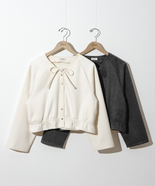 flower（フラワー）の「ダウニーウォームジャケット（ノーカラージャケット・レディース・ダークグレー/アイボリー・FREE）」の3枚目の写真