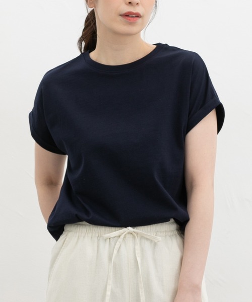 Honeys(ハニーズ)の「【UVカット】こだわり綿フレンチ袖T(Tシャツ/カットソー・レディース・ベージュ/スモーキーグリーン系/オフホワイト/ブラック/ネイビー/スミクロ/キャメル・M/LL/L/S)」の7枚目の写真