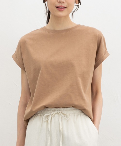 Honeys(ハニーズ)の「【UVカット】こだわり綿フレンチ袖T(Tシャツ/カットソー・レディース・ベージュ/スモーキーグリーン系/オフホワイト/ブラック/ネイビー/スミクロ/キャメル・M/LL/L/S)」の1枚目の写真