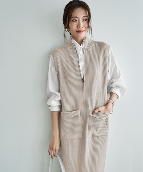 STYLE DELI（スタイルデリ）の「ジップ付きスタンドネックのリブニットワンピース（ワンピース・レディース・ネイビー/サンドベージュ・02/01）」の7枚目の写真