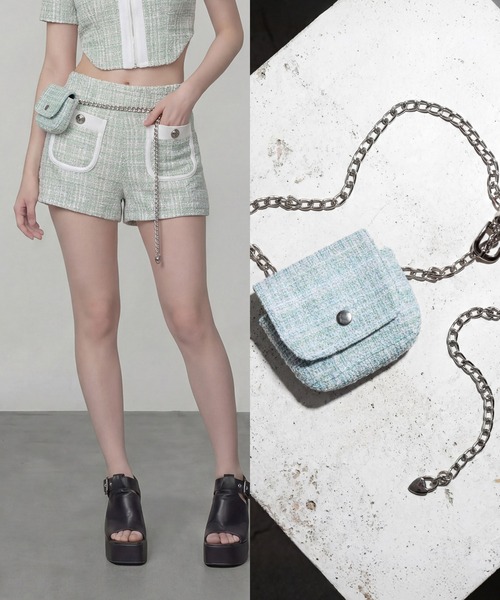 DURAS(デュラス)の「ベルトポーチ+ツイードショートパンツ(その他パンツ・レディース・ピンク/ライム/ブラック/ブルー・ONE SIZE)」の2枚目の写真