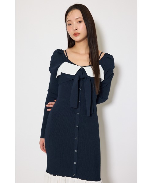 rienda(リエンダ)の「【森香澄さん着用】レイヤードフロントリボンマーメイドニットワンピース 春服(ワンピース・レディース・ピンク/ネイビー/ベージュ・FREE)」の7枚目の写真