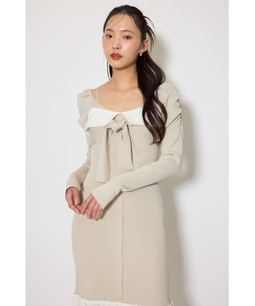rienda(リエンダ)の「【森香澄さん着用】レイヤードフロントリボンマーメイドニットワンピース 春服(ワンピース・レディース・ピンク/ネイビー/ベージュ・FREE)」の14枚目の写真