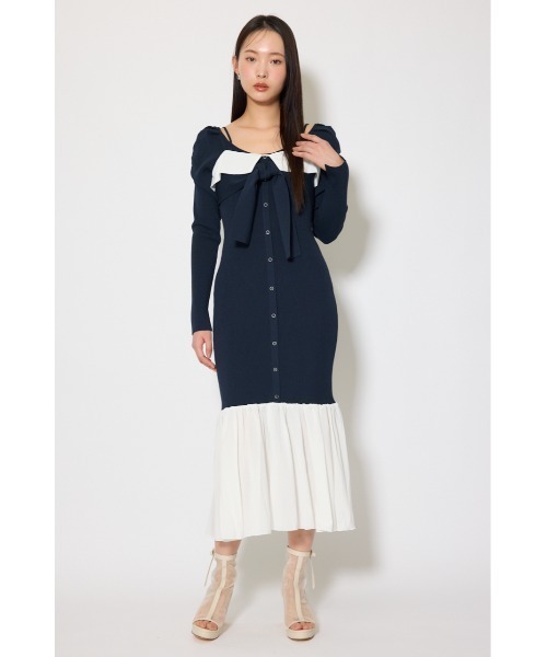 rienda(リエンダ)の「【森香澄さん着用】レイヤードフロントリボンマーメイドニットワンピース 春服(ワンピース・レディース・ピンク/ネイビー/ベージュ・FREE)」の4枚目の写真