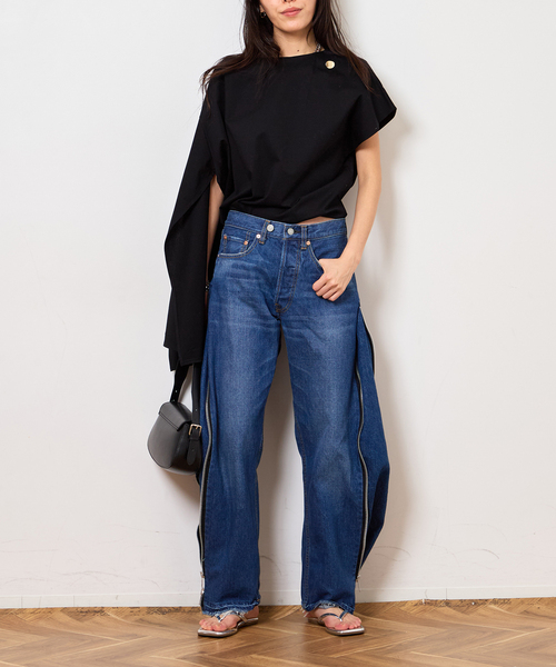 Bonum(ボナム)の「サイドジップワイド5ポケットパンツ:デニムパンツ(デニムパンツ・レディース・ネイビー・32/28/26)」の4枚目の写真