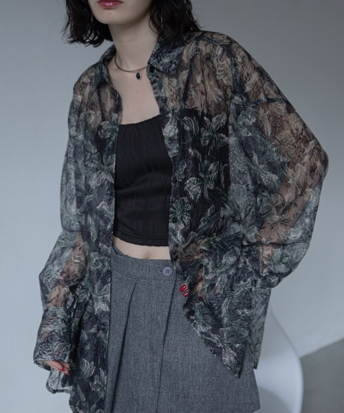 Vintage フラワー　シアーシャツ　黒 ヴィンテージフラワー柄レースシアーシャツ（シャツ/ブラウス