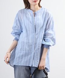 EGLANTINE バックギャザー シアーストライプブラウス