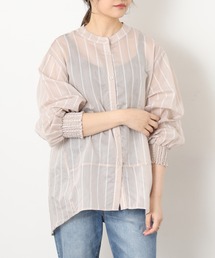 EGLANTINE バックギャザー シアーストライプブラウス