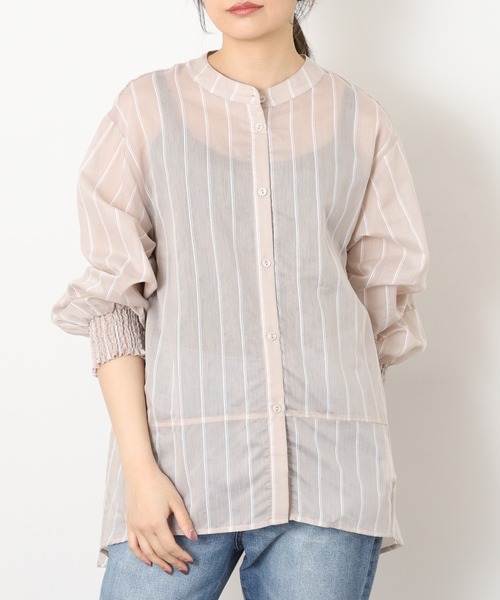EGLANTINE(エグランティーヌ)の「EGLANTINE バックギャザー シアーストライプブラウス(シャツ/ブラウス・レディース・サンドベージュ/サックスブルー・38)」の11枚目の写真