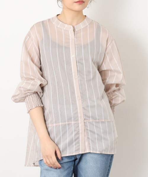 EGLANTINE(エグランティーヌ)の「EGLANTINE バックギャザー シアーストライプブラウス(シャツ/ブラウス・レディース・サンドベージュ/サックスブルー・38)」の14枚目の写真