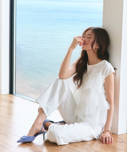 RUIRUE BOUTIQUE（ルイルエブティック）の「洗える ストレッチ ｜ シアー ドット × チュール デザイントップス ｜ トップス・Tシャツ・カットソー・半袖Tシャツ・きれいめブラウス・オフィスカジュアルブラウス（Tシャツ/カットソー・レディース・ホワイト/ブラック/ホワイト×グレー・L/M/S）」の7枚目の写真