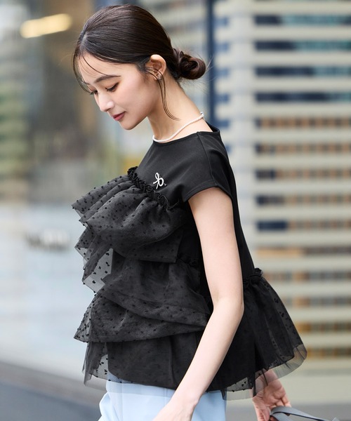 RUIRUE BOUTIQUE（ルイルエブティック）の「洗える ストレッチ ｜ シアー ドット × チュール デザイントップス ｜ トップス・Tシャツ・カットソー・半袖Tシャツ・きれいめブラウス・オフィスカジュアルブラウス（Tシャツ/カットソー・レディース・ホワイト/ブラック/ホワイト×グレー・L/M/S）」の9枚目の写真