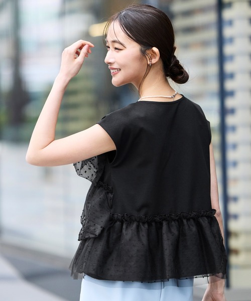 RUIRUE BOUTIQUE（ルイルエブティック）の「洗える ストレッチ ｜ シアー ドット × チュール デザイントップス ｜ トップス・Tシャツ・カットソー・半袖Tシャツ・きれいめブラウス・オフィスカジュアルブラウス（Tシャツ/カットソー・レディース・ホワイト/ブラック/ホワイト×グレー・L/M/S）」の10枚目の写真