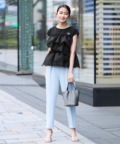 RUIRUE BOUTIQUE（ルイルエブティック）の「洗える ストレッチ ｜ シアー ドット × チュール デザイントップス ｜ トップス・Tシャツ・カットソー・半袖Tシャツ・きれいめブラウス・オフィスカジュアルブラウス（Tシャツ/カットソー・レディース・ホワイト/ブラック/ホワイト×グレー・L/M/S）」の11枚目の写真