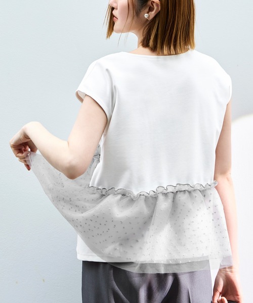RUIRUE BOUTIQUE（ルイルエブティック）の「洗える ストレッチ ｜ シアー ドット × チュール デザイントップス ｜ トップス・Tシャツ・カットソー・半袖Tシャツ・きれいめブラウス・オフィスカジュアルブラウス（Tシャツ/カットソー・レディース・ホワイト/ブラック/ホワイト×グレー・L/M/S）」の15枚目の写真