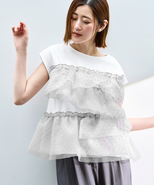 RUIRUE BOUTIQUE（ルイルエブティック）の「洗える ストレッチ ｜ シアー ドット × チュール デザイントップス ｜ トップス・Tシャツ・カットソー・半袖Tシャツ・きれいめブラウス・オフィスカジュアルブラウス（Tシャツ/カットソー・レディース・ホワイト/ブラック/ホワイト×グレー・L/M/S）」の16枚目の写真