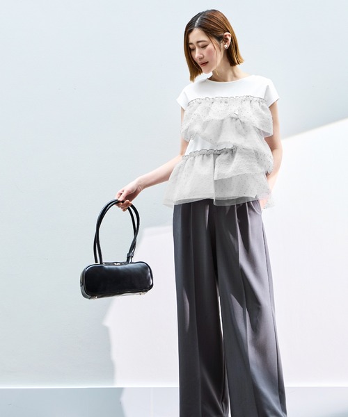 RUIRUE BOUTIQUE（ルイルエブティック）の「洗える ストレッチ ｜ シアー ドット × チュール デザイントップス ｜ トップス・Tシャツ・カットソー・半袖Tシャツ・きれいめブラウス・オフィスカジュアルブラウス（Tシャツ/カットソー・レディース・ホワイト/ブラック/ホワイト×グレー・L/M/S）」の17枚目の写真